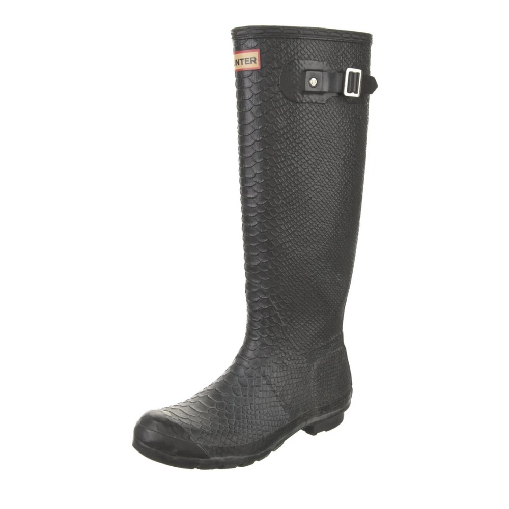 HUNTER WELLIES RAIN BOOT TALL BLACK SNAKESKIN PRINT - Picture 4 of 11